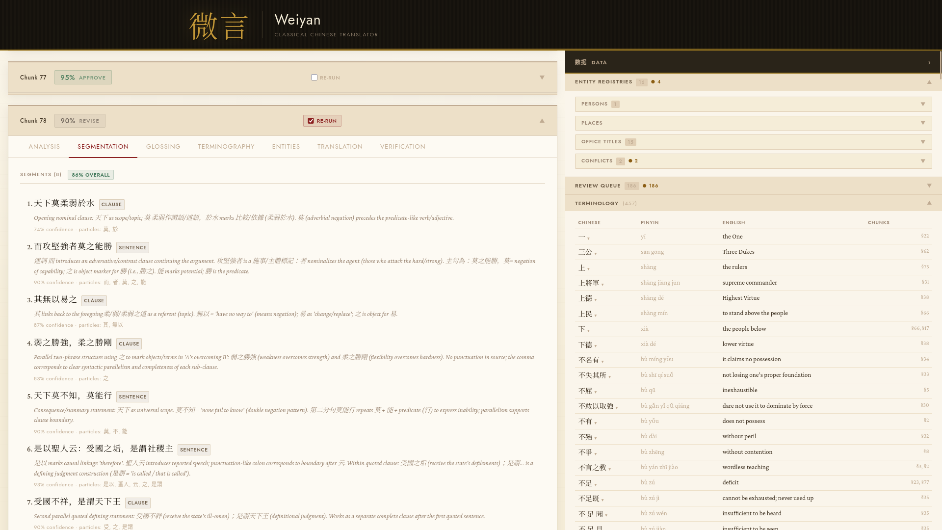 The Weiyan Studio workspace, with chapter 78 flagged to re-run at 90% and its segmentation and terminology registry visible.